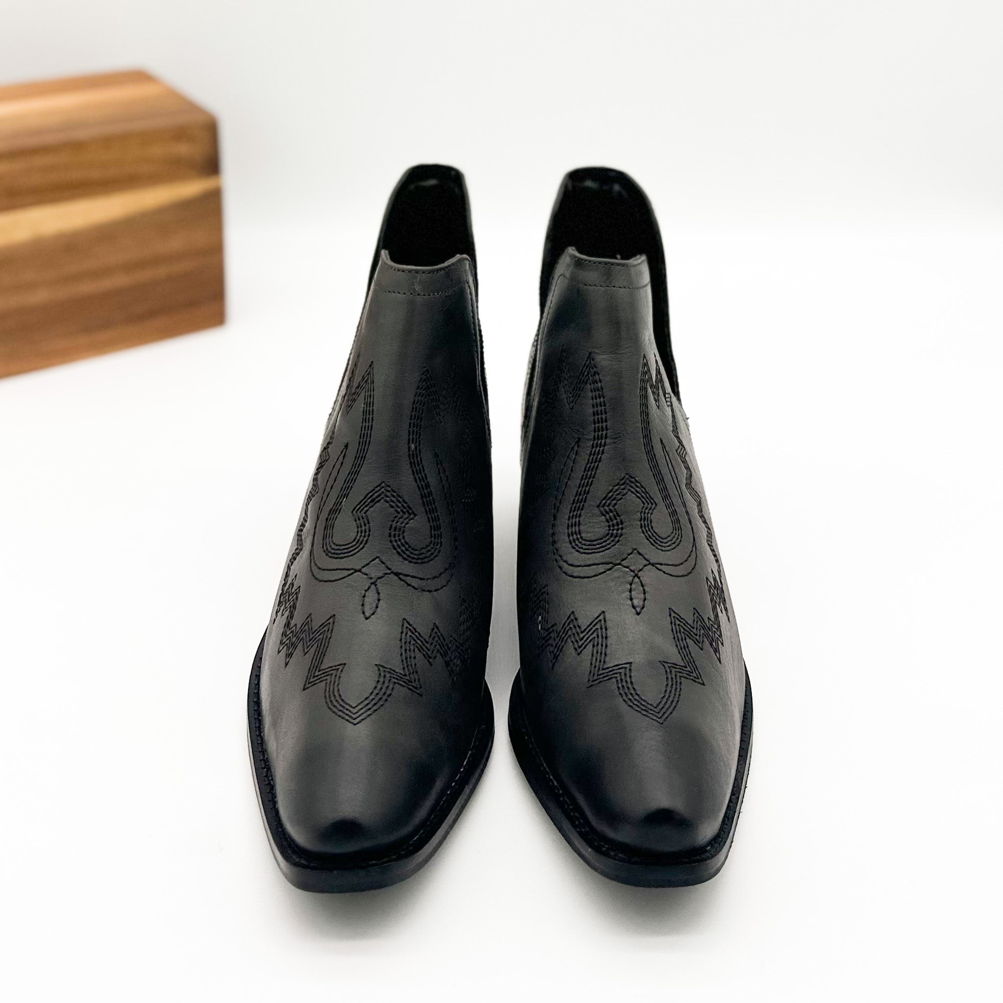 Kickin Booties Black Leather Western Embroidered Footbed Naughty Monkey